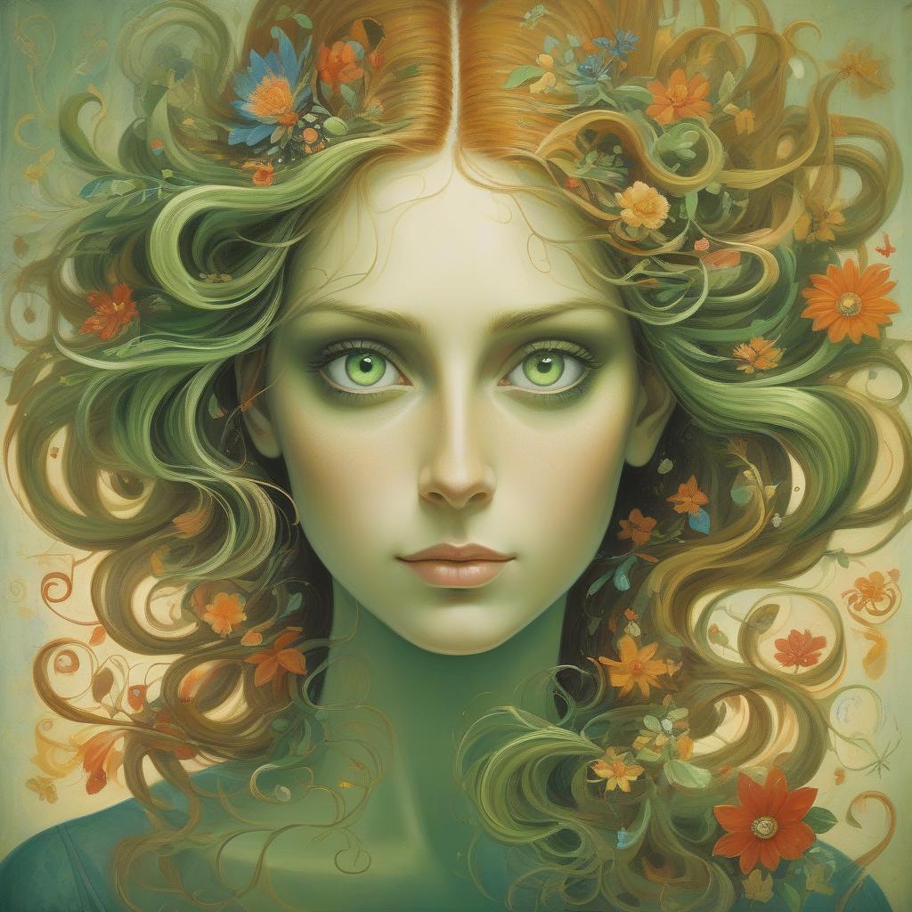  a colorful artistic portrayal of a woman with vibrant, swirling hair and captivating green eyes, infused with floral elements. vibrant portrait of a beautiful woman, expressive eyes, flowing hair, intricate details, soft and elegant features, ethereal aura, whimsical elements, rich color palette, watercolor, colored ink, oil pastels, textured strokes, dreamlike quality, by gabriel pacheco, michael sowa, bernard kliban, high resolution, intricate patterns, captivating gaze, fantasy inspired, magical ambiance, surreal lighting,