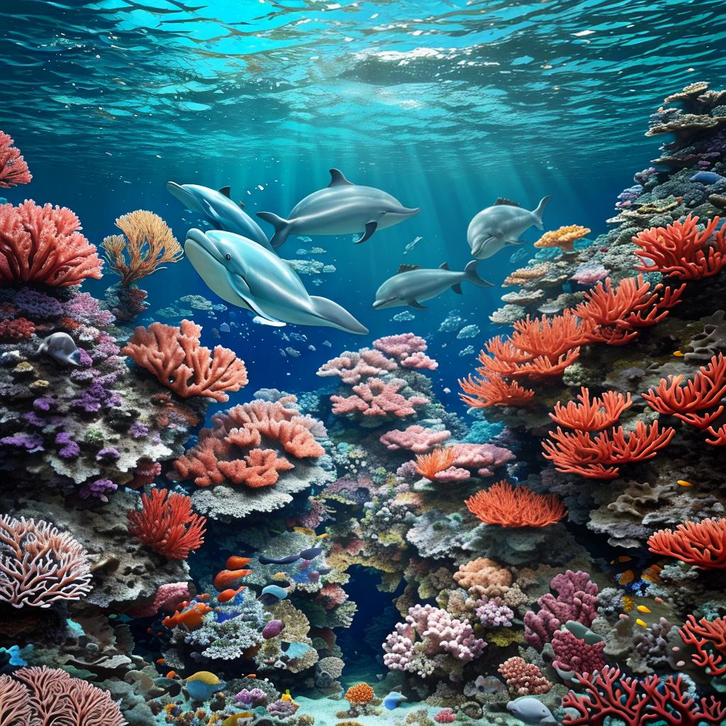  masterpiece, best quality, the beautiful deep sea is full of corals, diverse marine life and charming underwater landscapes, including corals, extremities, small fish, anemones, dolphins, various algae, caves, colorful, 8k resolution and complex details.