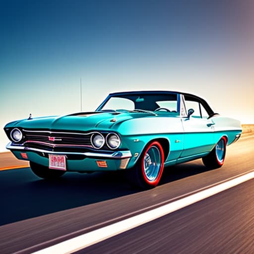  a retro illustration of a 60's muscle car cruising down a hwy at sunset. bright bold colors with a dreamy background. hyperrealistic, full body, detailed clothing, highly detailed, cinematic lighting, stunningly beautiful, intricate, sharp focus, f/1. 8, 85mm, (centered image composition), (professionally color graded), ((bright soft diffused light)), volumetric fog, trending on instagram, trending on tumblr, HDR 4K, 8K