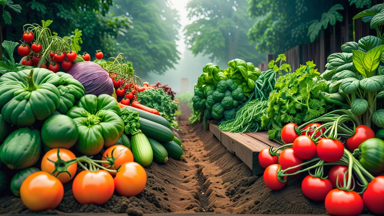  a vibrant vegetable garden split into sections, showcasing incompatible plants like tomatoes and basil, carrots and dill, with clear boundaries, colorful foliage, and contrasting textures, emphasizing their struggle for space and nutrients. hyperrealistic, full body, detailed clothing, highly detailed, cinematic lighting, stunningly beautiful, intricate, sharp focus, f/1. 8, 85mm, (centered image composition), (professionally color graded), ((bright soft diffused light)), volumetric fog, trending on instagram, trending on tumblr, HDR 4K, 8K