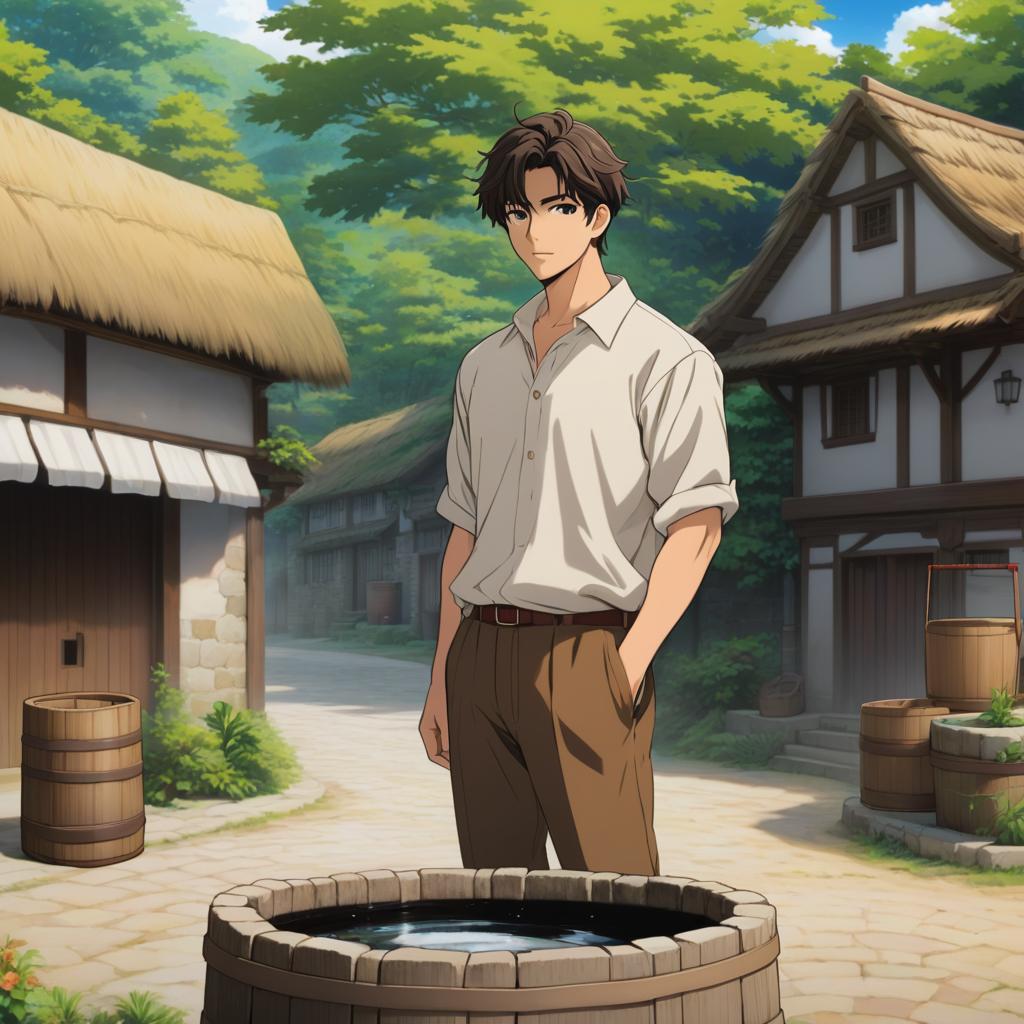  setting and atmosphere: a peaceful village square with a quaint stone well at its center. characters: a handsome man dressed in simple, a light beige shirt and brown trousers—stands by the well. he appears focused, yet distracted, holding two empty wooden pails, anime artwork, anime style, key visual, vibrant, studio anime, highly detailed