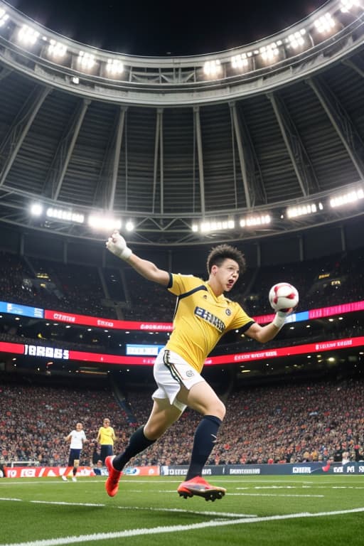  \"a dynamic scene of a football match in a stadium, with players in team uniforms competing intensely for the ball. one player is in the middle of a powerful kick, aiming to score a goal, while defenders and the goalkeeper are focused on stopping the shot. the stadium is filled with cheering fans, colorful banners, and bright floodlights illuminating the field, creating an exciting and competitive atmosphere.\", advertising photo,high quality, good proportion, masterpiece , the image is captured with an 8k camera