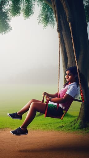  Kerala girl Swinging on a swing tied to a tree. beautiful smile., hyperrealistic, high quality, highly detailed, cinematic lighting, intricate, sharp focus, f/1. 8, 85mm, (centered image composition), (professionally color graded), ((bright soft diffused light)), volumetric fog, trending on instagram, HDR 4K, 8K