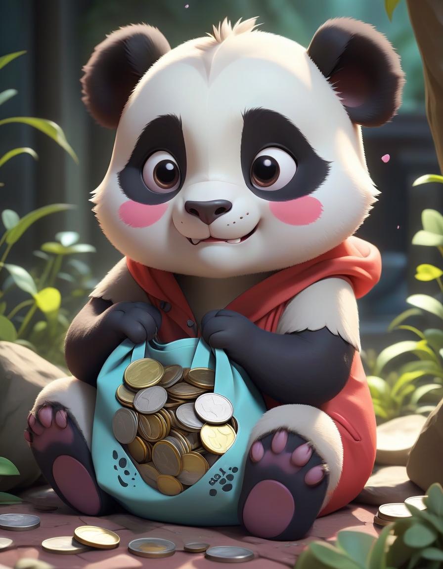  pokémon style a small cartoon panda hugs one bag with a slight smile, and coins are scattered nearby. . vibrant, cute, anime, fantasy, reminiscent of pokémon series