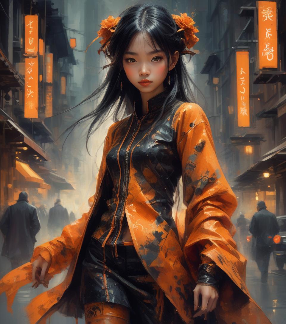  young asian girl, black orange outfit, stylized blender aesthetic, fantastic and surreal composition, digital watercolor wax style and wash intricate watermark images, meticulous craftsmanship infinite artistic style, stunning night vision visually dark influence artistic technologies splash style finely artistic works , combining the styles of michael garmash, martin ansin, brian froud, luis royo, greg rutkowsky, premium effects hire art,