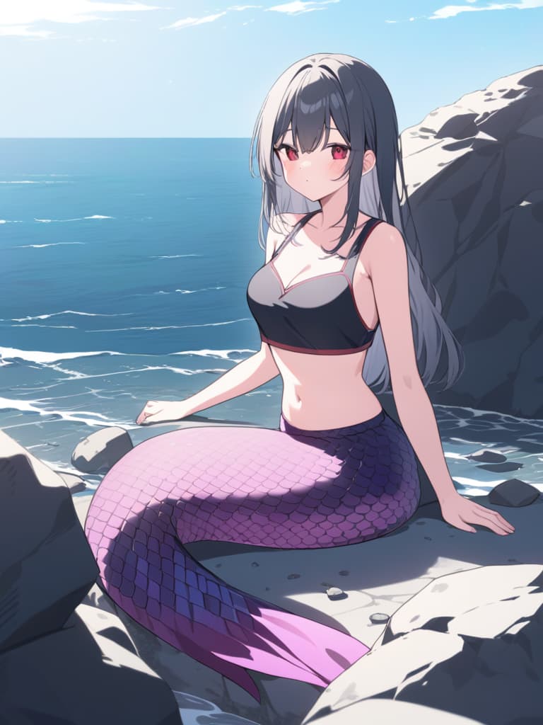  wide ocean,big ocean,rocky shore,(mermaid sitting on rocky shore:1.4),close up,super detailed,high resolution,absurd,employed,