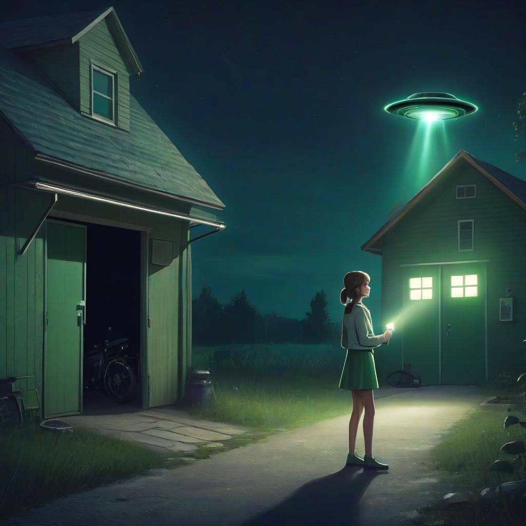  girl with a flashlight in her hands near a garage in the village, night, green tones, ufo in the sky