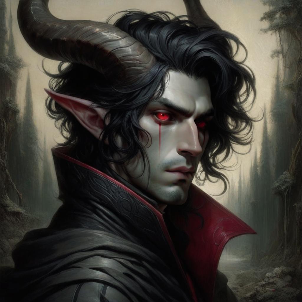  a man with red eyes and red stripes passes through the eyes, horns go back and up, black wavy hair, skin color gray, on the body of a mantle with black wolf skin