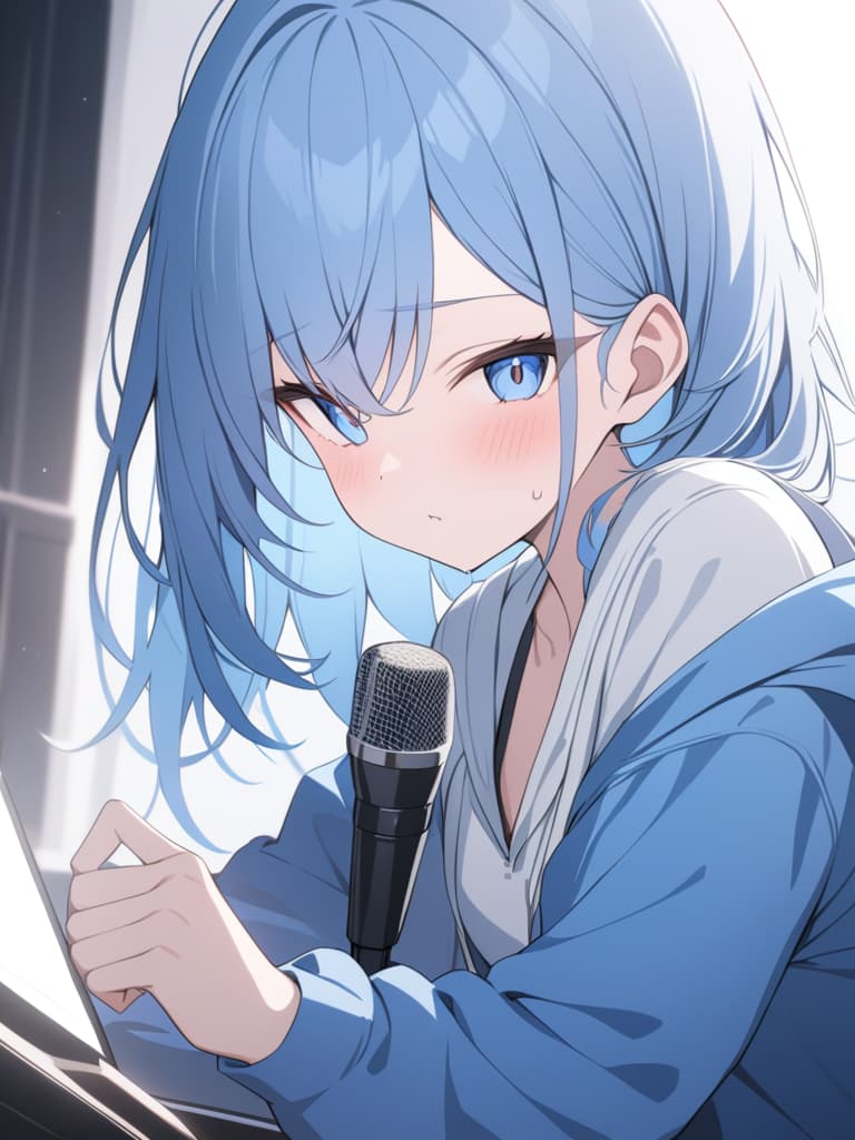  light blue hair, light blue, bob hair, microphone, live, blue hoodie, yay, masterpiece, best quality,8k,ultra detailed,high resolution,an extremely delicate and beautiful,hyper detail