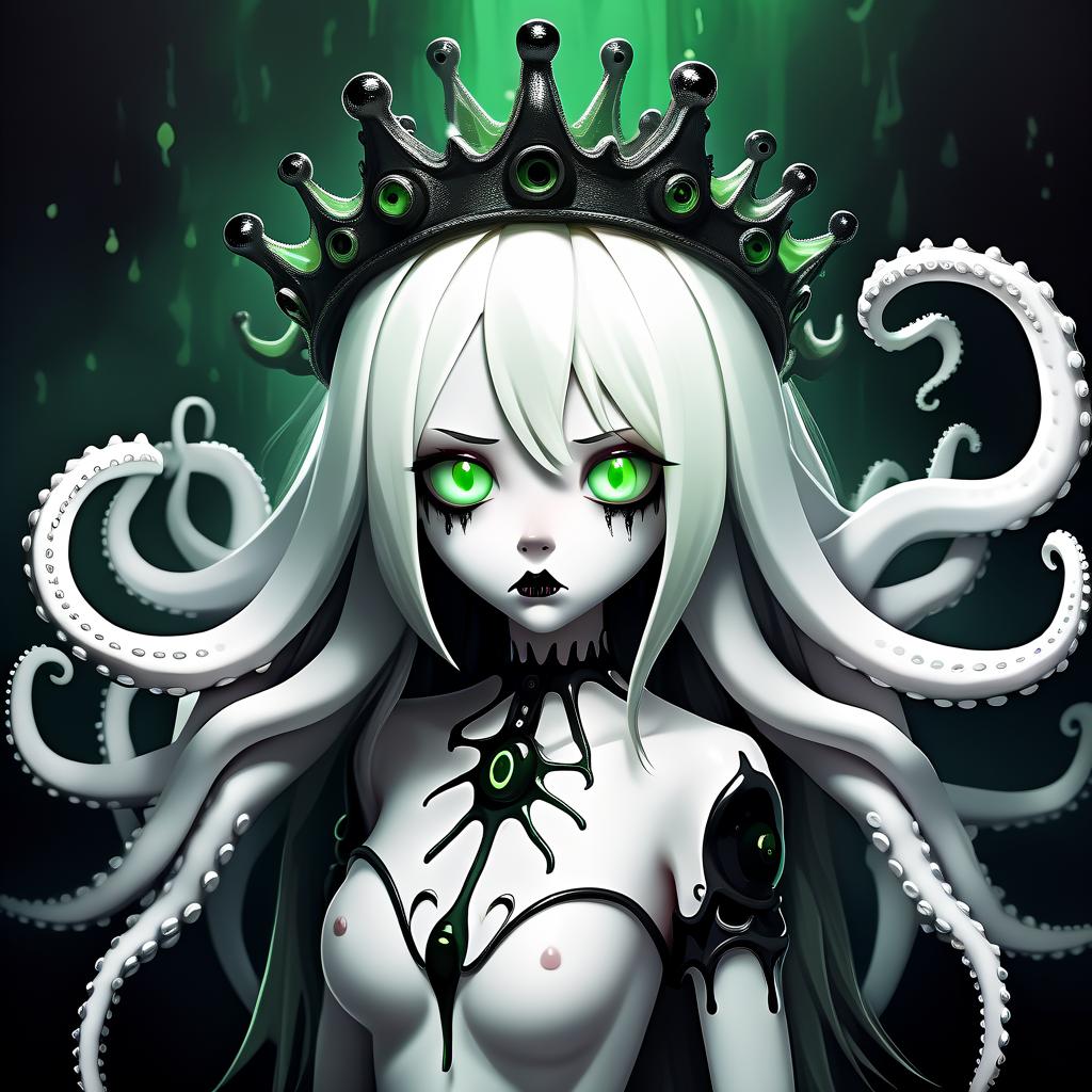  horror themed white crown with tentacles and green eyes . eerie, unsettling, dark, spooky, suspenseful, grim, highly detailed