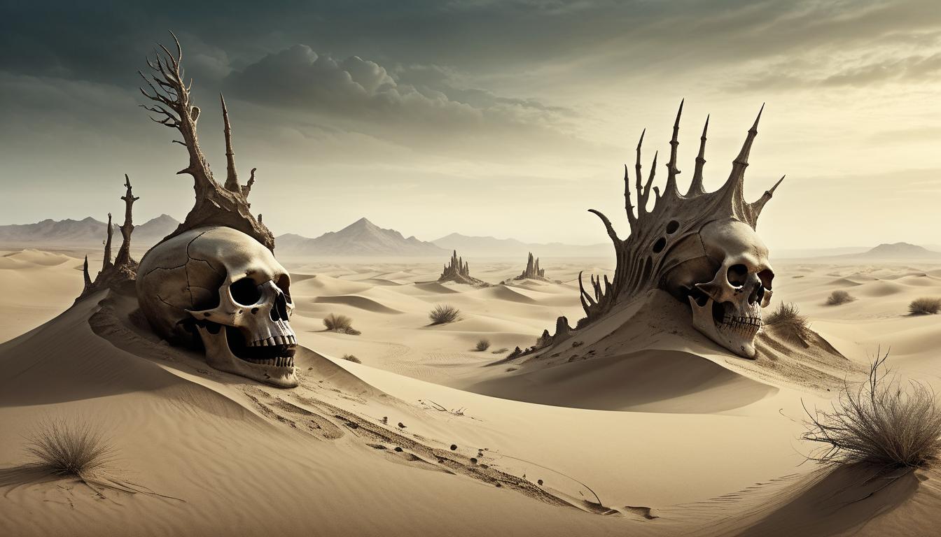  on parchment, surrealism+++, wind swept desert, skeletal remains of creatures buried in the sand, eerie mirages shimmering in the distance, deathly stillness, ominous, creeping dread(mysterious, provocative, symbolic,muted color)+++