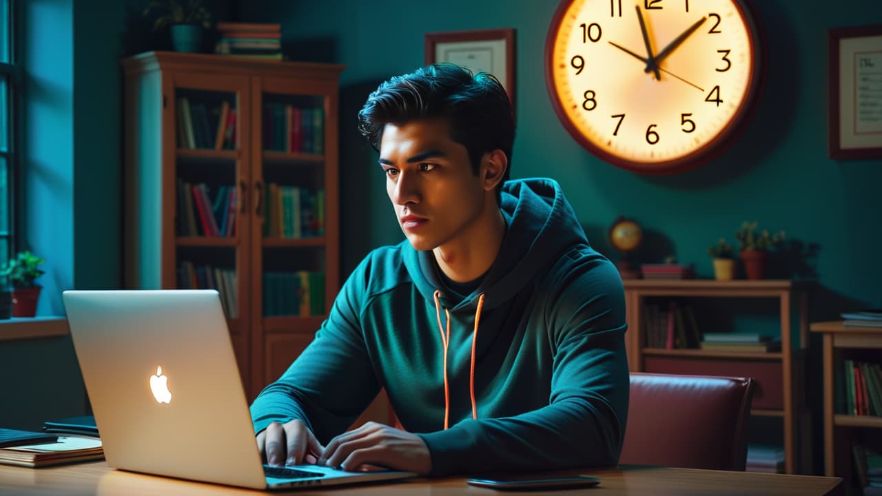  a dimly lit room with a worried student at a laptop, surrounded by shadowy figures representing online threats, while a clock shows late hours, emphasizing the isolation and potential dangers of online tutoring. hyperrealistic, full body, detailed clothing, highly detailed, cinematic lighting, stunningly beautiful, intricate, sharp focus, f/1. 8, 85mm, (centered image composition), (professionally color graded), ((bright soft diffused light)), volumetric fog, trending on instagram, trending on tumblr, HDR 4K, 8K