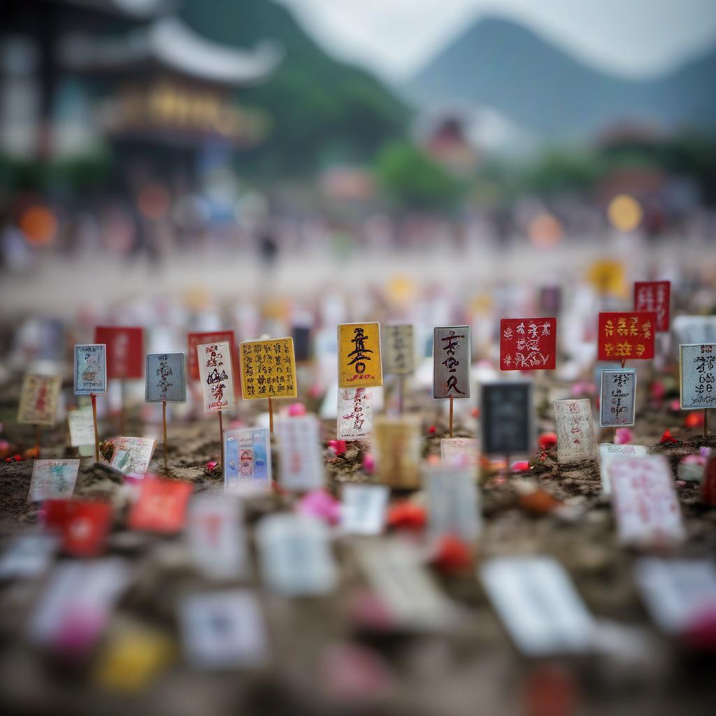  tilt shift photo of signs of fate, prayer for life, mantra that conquers death . selective focus, miniature effect, blurred background, highly detailed, vibrant, perspective control, hkmagic