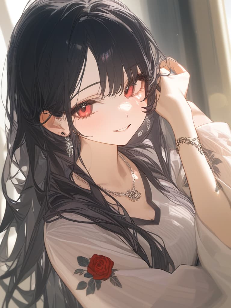  long hair, black hair, hair tips are pink, red eyes, hanging, bangs, and length of bangs, adults, adult faces, piercings, necklaces, hair are light pink and black, thin makeup on the arm. there is a rose tattoo, a rose tattoo on your arm, smiling, masterpiece, best quality,8k,ultra detailed,high resolution,an extremely delicate and beautiful,hyper detail