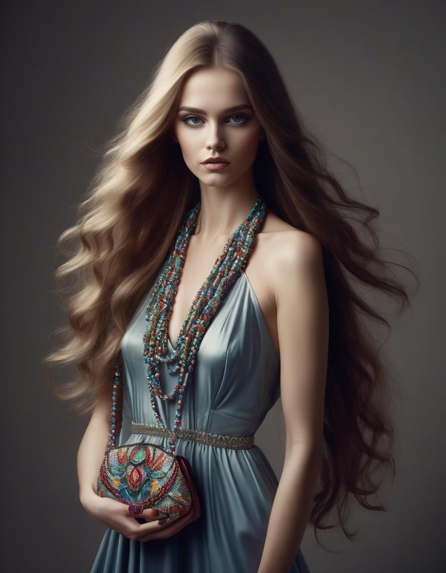  in the style of di cavalcanti, a beautiful long haired girl with an evening bag of beads, drama, illustration, modern