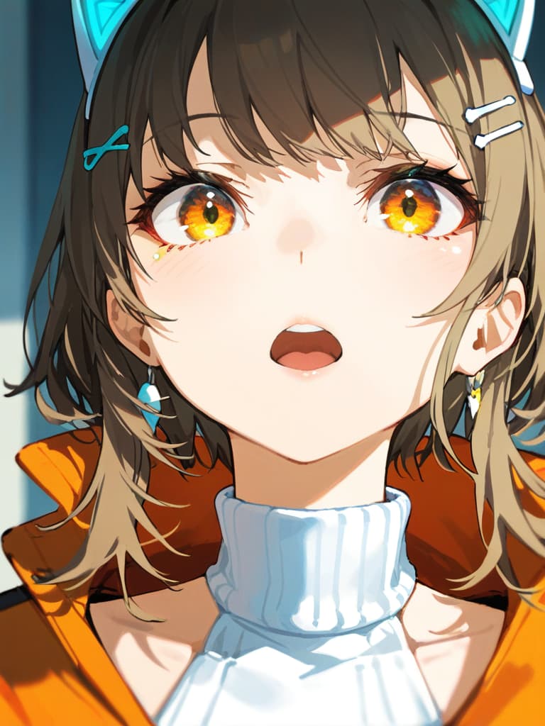  (cat ear headphones: 1.2), masterpiece, open mouth, best quality, (close up: 1.2), from front, (medium hair), (pure eyes: 1.2) , earring, ( orange overside jacket: 1.1), (shoulder gap: 1.2), (white turtleneck: 1.1), (hair pin: 1.3)