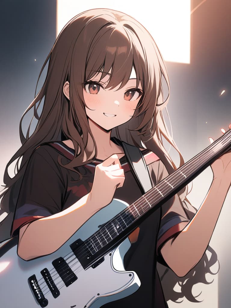  (beautiful girl:1.5)(brown hair:1.5)(long hair:1.7)(wavy hair:1.5)(holding electric guitar:1.7){orange cute dress:1.5}(smiling){playing guitar happily:1.7} {upper body:1.5}master piece,high quality,16k,super analysis,correct finger position,correctnumber of fingers