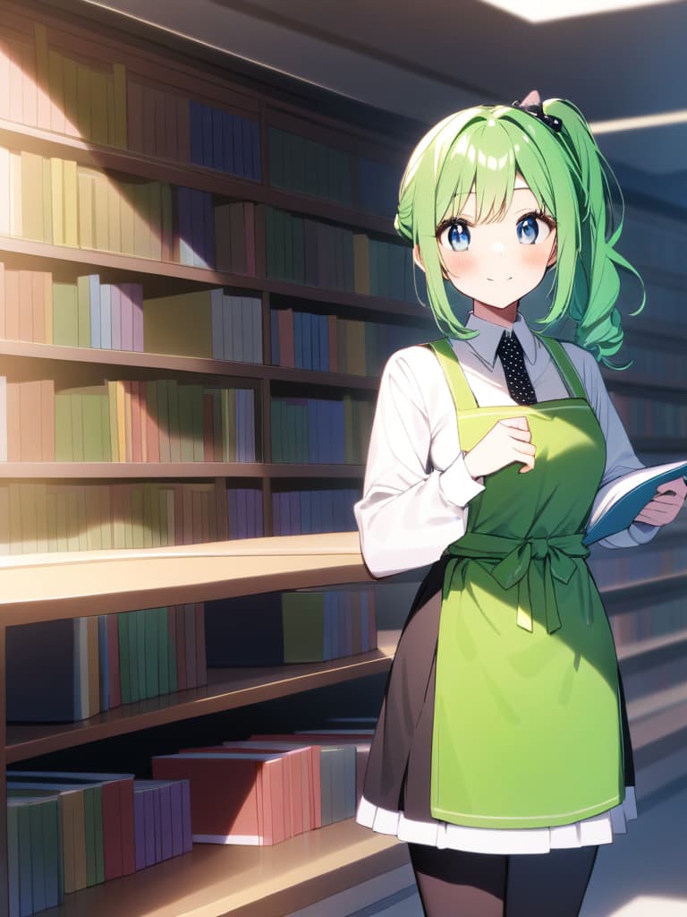  (hd:1.3),(4k 8k:1.5)apron,black pants,clothing,collared shirt,green apron,hair accessory,long sleeves,pants,polka dot pattern,long ponytail,scrunchie,shirt,tied hair,white shirt,blue eyes,green hair,(very smile:1.3),(blush:1.2),(inside a library filled with books) woman,long hair,standing