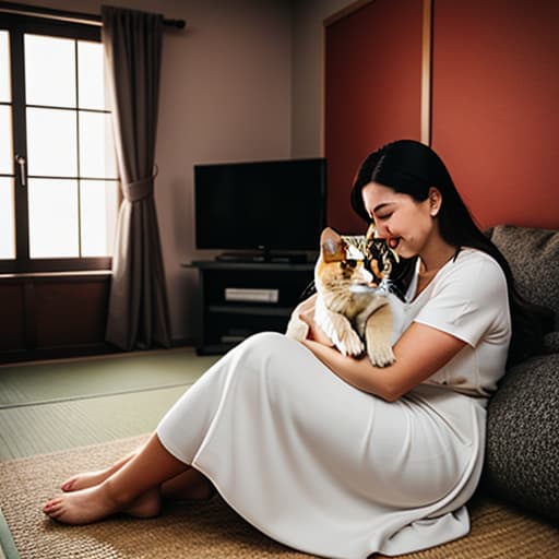  a big cat hugs a cute girl in the living room,kyoto hyperrealistic, full body, detailed clothing, highly detailed, cinematic lighting, stunningly beautiful, intricate, sharp focus, f/1. 8, 85mm, (centered image composition), (professionally color graded), ((bright soft diffused light)), volumetric fog, trending on instagram, trending on tumblr, HDR 4K, 8K