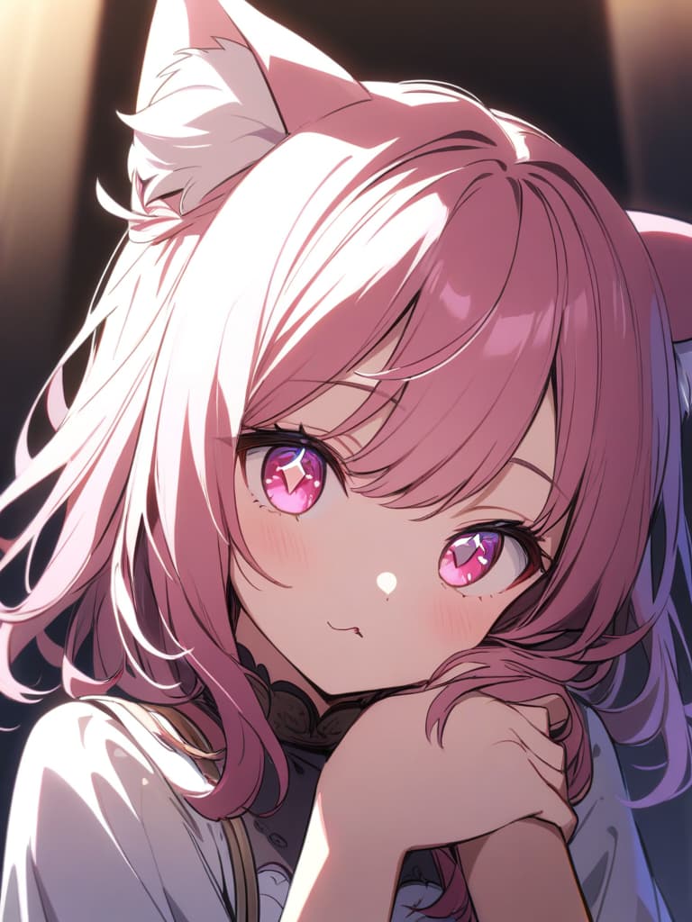  ((beautiful,pretty girl,bun hair,cute,sparkly eyes,pink eyes,omega shaped mouth,bob hair,cat ears hair、pink hair,resting chin on hand))、ultra detailed,best shadow,cute and beautiful face,(masterpiece:1.2),(best quality:1.2),detailed background,high contrast,(best illumination,an extremely delicate and beautiful),((cinematic light)),hyper detail,dramatic light,intricate details,8k,anime,very aesthetic