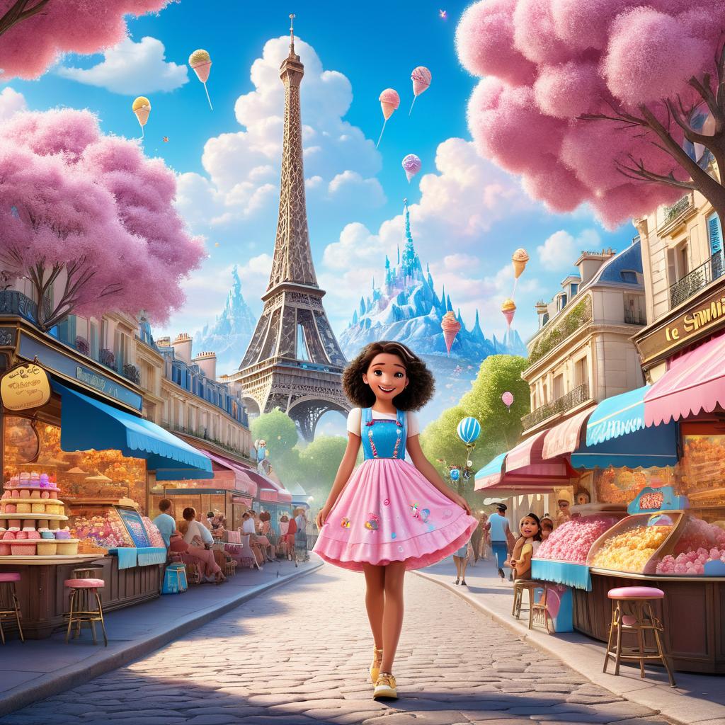  in 3d animated movie style. disney pixar style. paris, old , kind hearted, and adventurous, in colorful sundress, beside mr. sprinkles, a cheerful, magical character. ice cream land fantasy setting: ice cream mountains, candy trees, cotton candy clouds. high res pixar 3d animation: detailed magic elements. pastel pink, blue, yellow colors, warm lights. low angle view of paris in awe of mr. sprinkles. bright, enchanting composition.