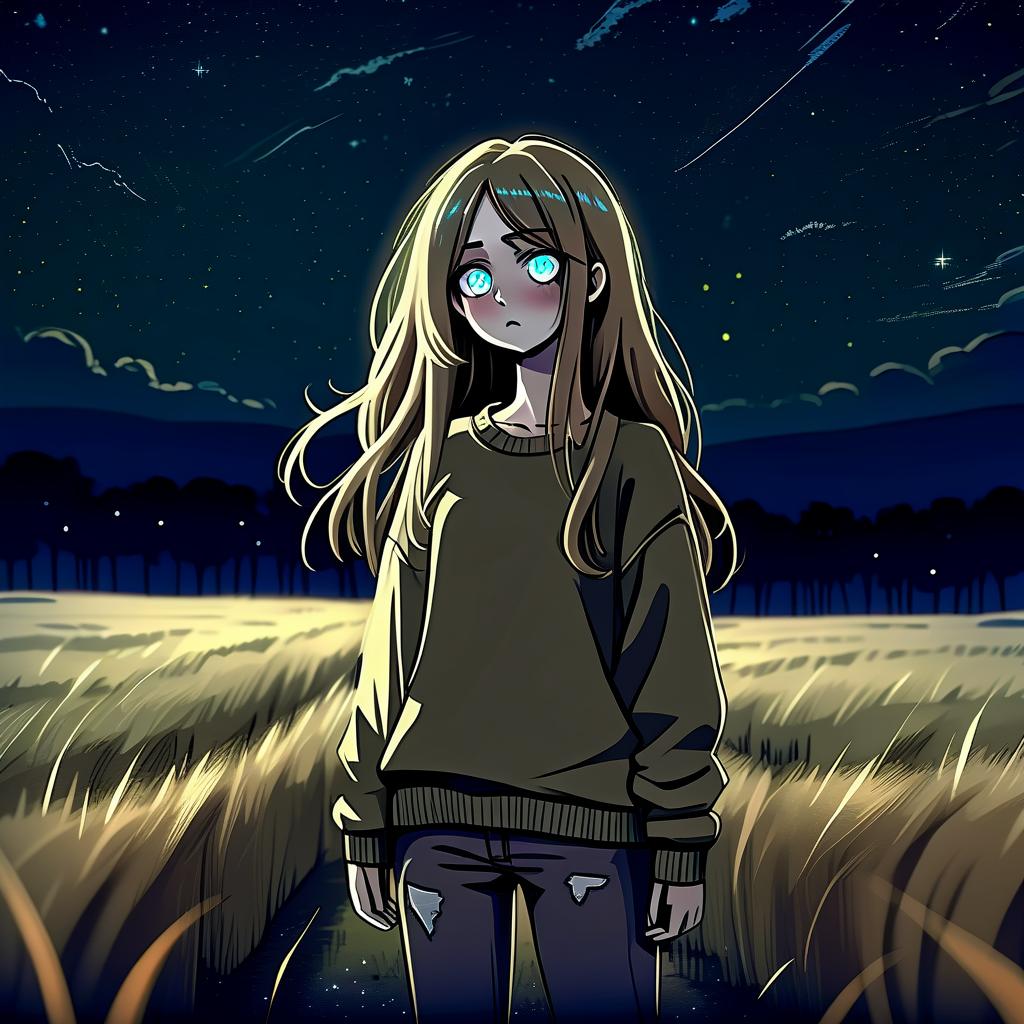  dystopian style a girl in anime style with long hair stands in the middle of the field at night wearing a khaki sweater and pants. the girl looks at the starry sky at night, her eyes of a specific color are full of fear of the unknown and curiosity. she pulls her hand up towards the night sky. . bleak, post apocalyptic, somber, dramatic, highly detailed