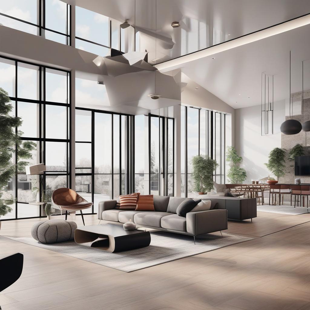  masterpiece, best quality, Best Quality, Masterpiece, 8k resolution,high resolution concept art of an apartment living room with floor to ceiling windows and modern furniture