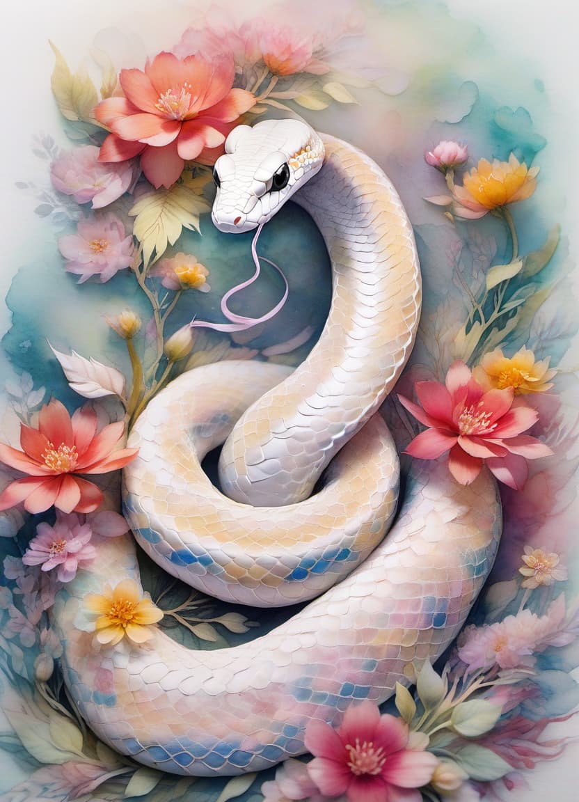  fairy tale snake in a kimono, (double exposure: 1.4). (soft textured paper). alcohol ink of (bright) flowers. the incompleteness effect. tenderness of watercolors, winter, delicate colors. thin white lines. emotion. light relief pattern. . magical, fantastical, enchanting, storybook style, highly detailed