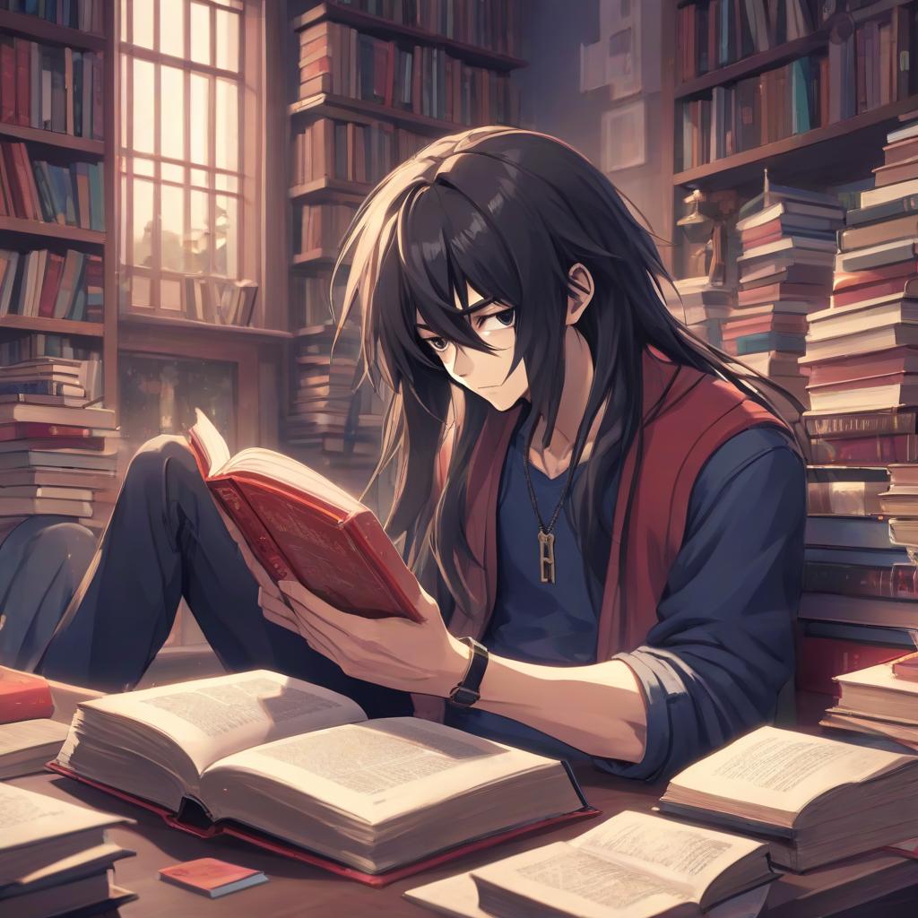  anime artwork a guy with long dark hair likes to read books . anime style, key visual, vibrant, studio anime, highly detailed