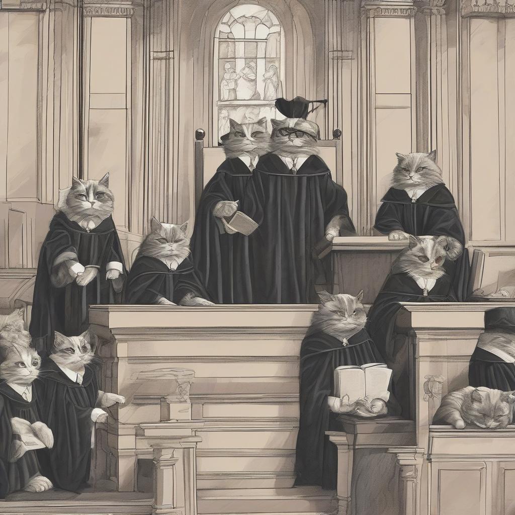  cats in judicial robes in the pulpit. there are people on the bench.