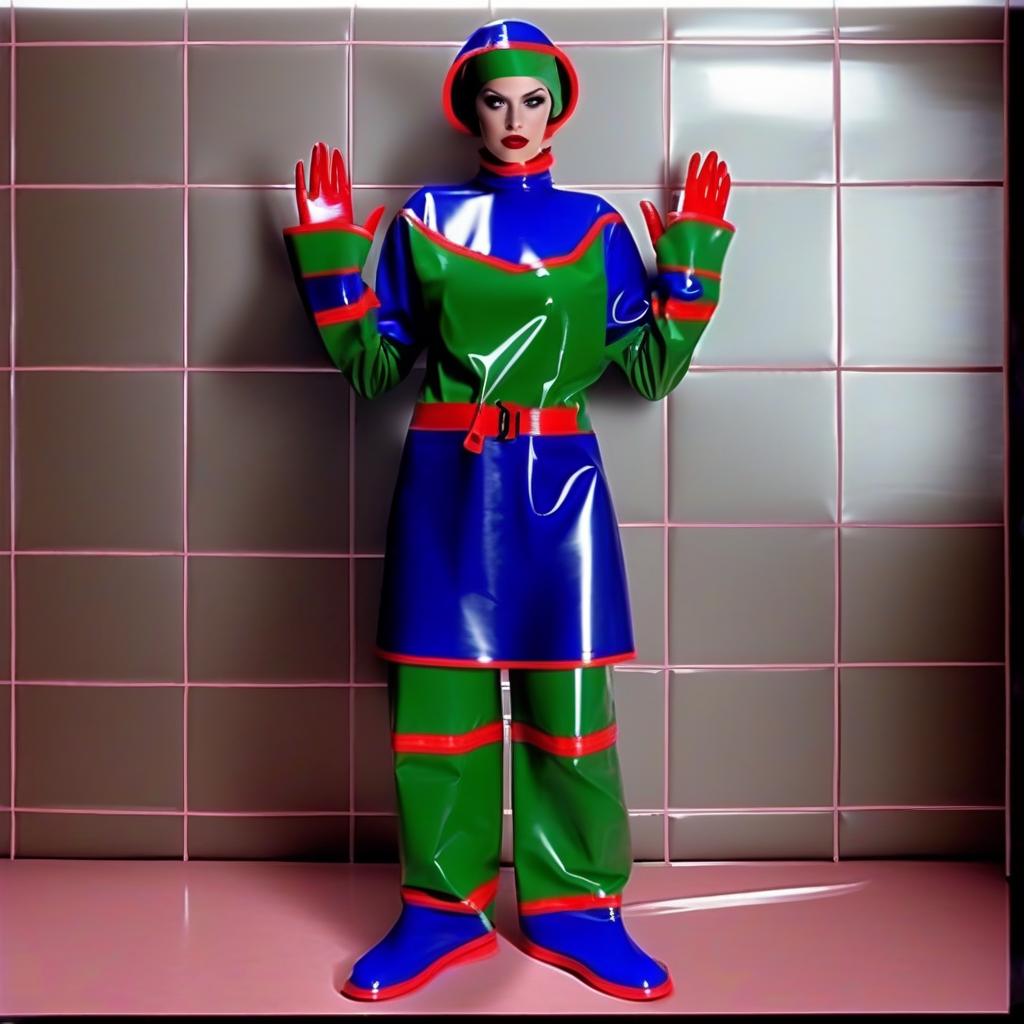  "hyperdetalisation, woman, mistress surgeon, in dressed three color surgical suit, made of glossy latex, standing alone, full length, front view, full face, dressed in, surgical gown, knee length, with elastic waistband, long sleeves, with elastic cuffs, upper part of surgical gown, (from collar to waist), glossy latex dark green, belt at waist, glossy latex red, lower part of surgical gown, (from hem to waist), glossy latex dark blue, in the center of the surgical gown there is an emblem in the form of surgical forceps "burdizzo", upper part of sleeve, (from shoulder to elbow), glossy latex dark blue, lower part of sleeve, (from elbow to cuff), glossy latex dark green, cuffs on sleeve, glossy latex red, (bib with collar), made of glossy d