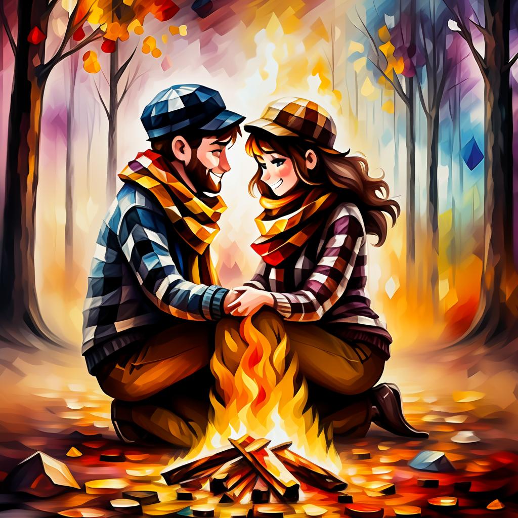  (style of leonid afremov:1.5), two young people in love, checkered scarves, checkered berets, sit in front of a fire in an autumn forest, holding hands, epic realism, anime features, dark fantasy, abstract horror, desaturated color palette, gothic and renaissance aesthetic, (happy smiles:1.4 ),