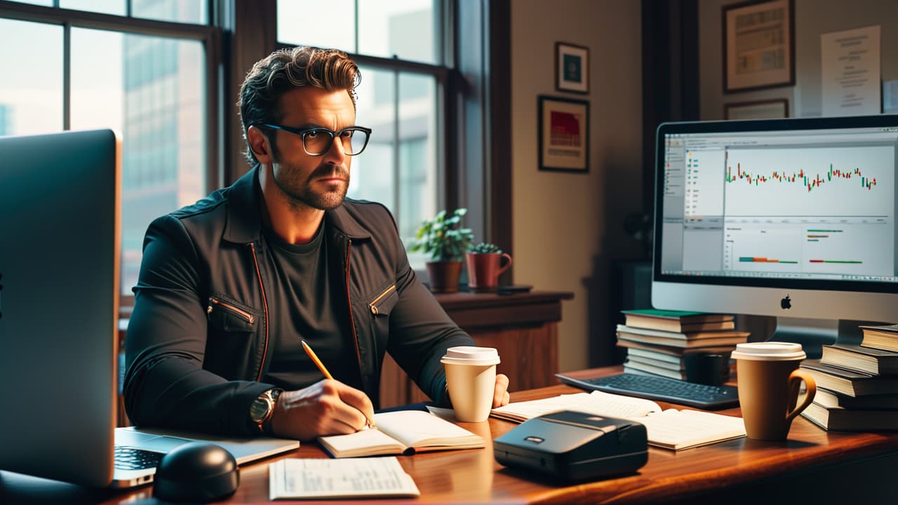  a beginner trader sits at a cluttered desk, studying charts on a laptop, surrounded by financial books and a coffee cup, with a $500 bill prominently displayed, symbolizing the start of their investment journey. hyperrealistic, full body, detailed clothing, highly detailed, cinematic lighting, stunningly beautiful, intricate, sharp focus, f/1. 8, 85mm, (centered image composition), (professionally color graded), ((bright soft diffused light)), volumetric fog, trending on instagram, trending on tumblr, HDR 4K, 8K