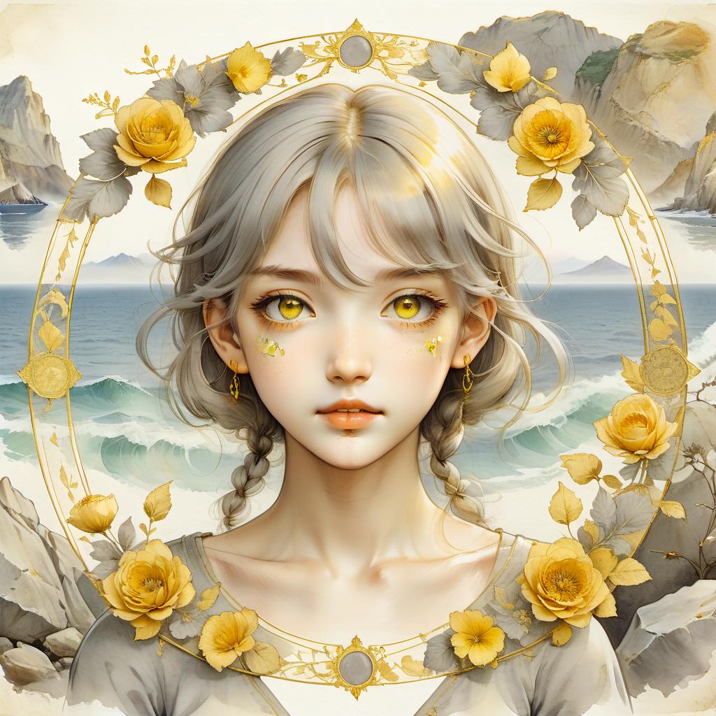  anime artwork the face of the girl in an oval frame with gold drawings on the oval of three half arcs, in the frame of oval flowers on the frame, the portrait of the girl is made in delicate yellow and gray tones, watercolor, in the background the sea and rocks, a blurred background. . anime style, key visual, vibrant, studio anime, highly detailed, on parchment