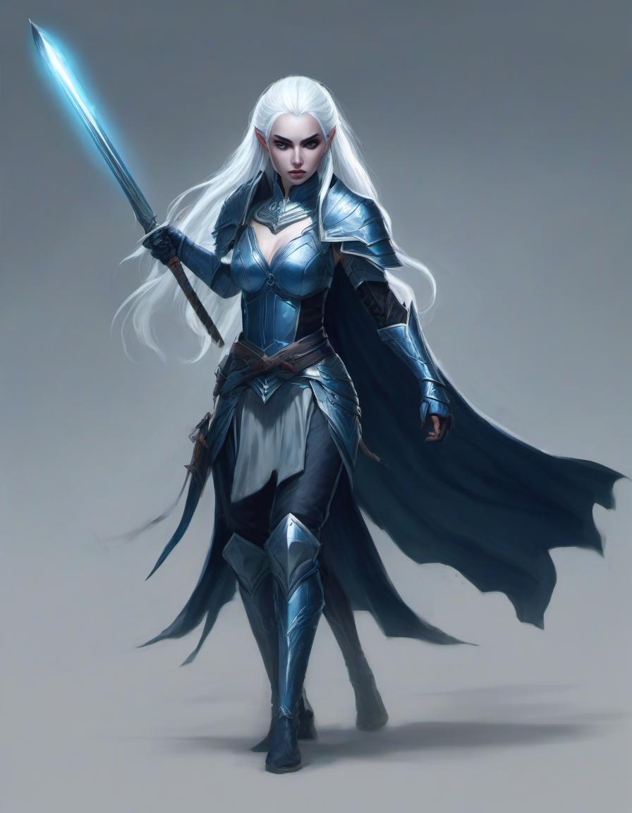  concept art (semi figure portrait: 0.2), full length dark elf girl with <small neat elf ears: 7.9>, long platinum colored hair, preference for edged weapons <curved daggers in each hand>, eye color slate blue with a glow effect, predatory gaze, fighting stance, in an attack pose . digital artwork, illustrative, painterly, matte painting, highly detailed