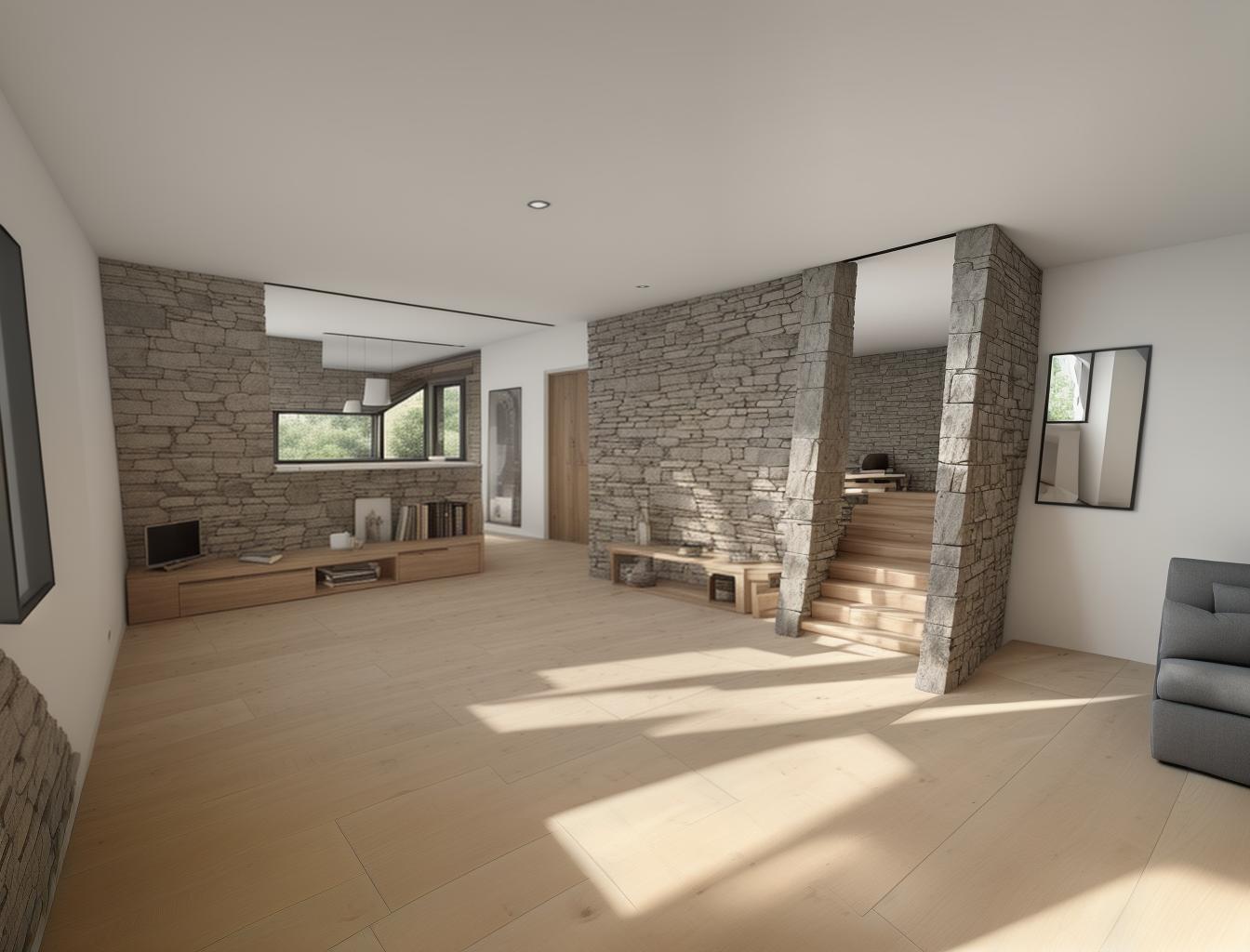  produce a photorealistic rendering of a modern interior with a stone wall as a focal point, complemented by wooden flooring and large windows. add a sleek, modern sofa and minimalist furniture that reflects a contemporary style, creating a space that feels both rustic and sophisticated.