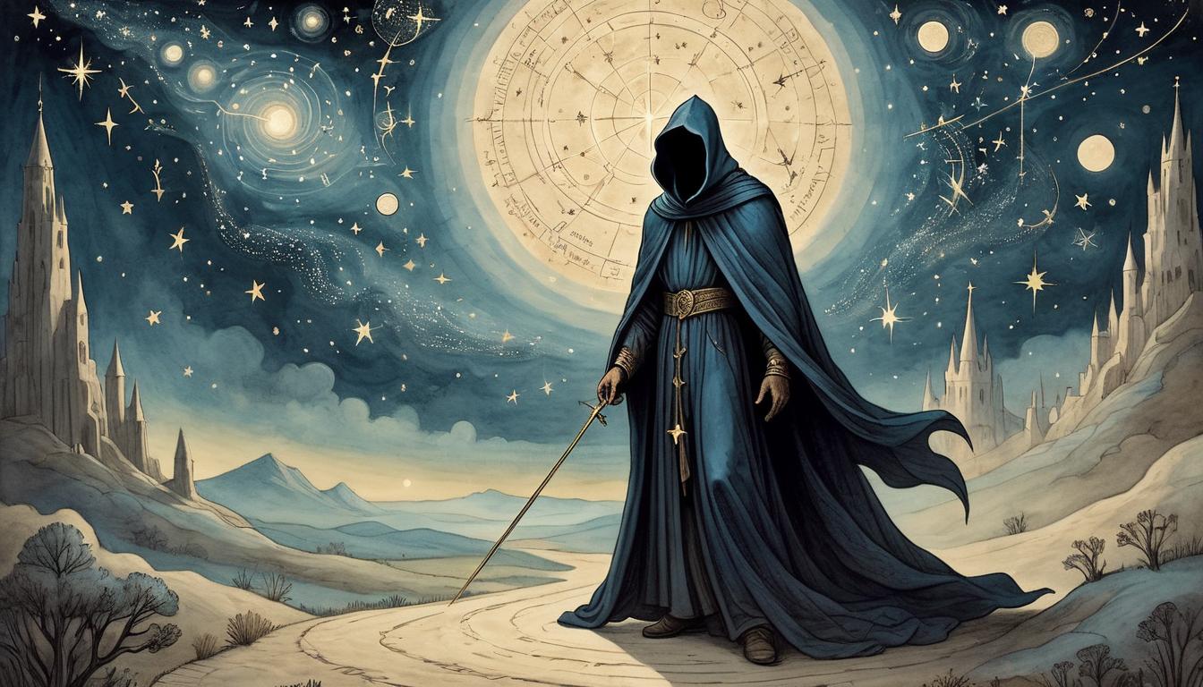  on parchment, surrealism+++, a radiant figure, cloaked in light and shadow, standing on a path illuminated by starlight, night sky full of constellations, symbolizing power, balance, transcendence(mysterious, provocative, symbolic,muted color)+++