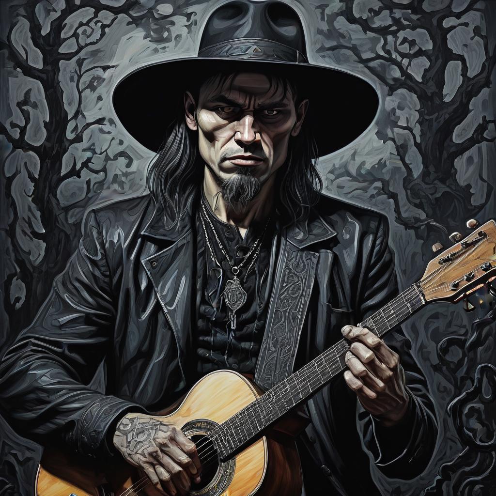  gothic style oil painting. a brutal slavic man in a hat plays the guitar. comic book style. thick and thin lines. . dark, mysterious, haunting, dramatic, ornate, detailed