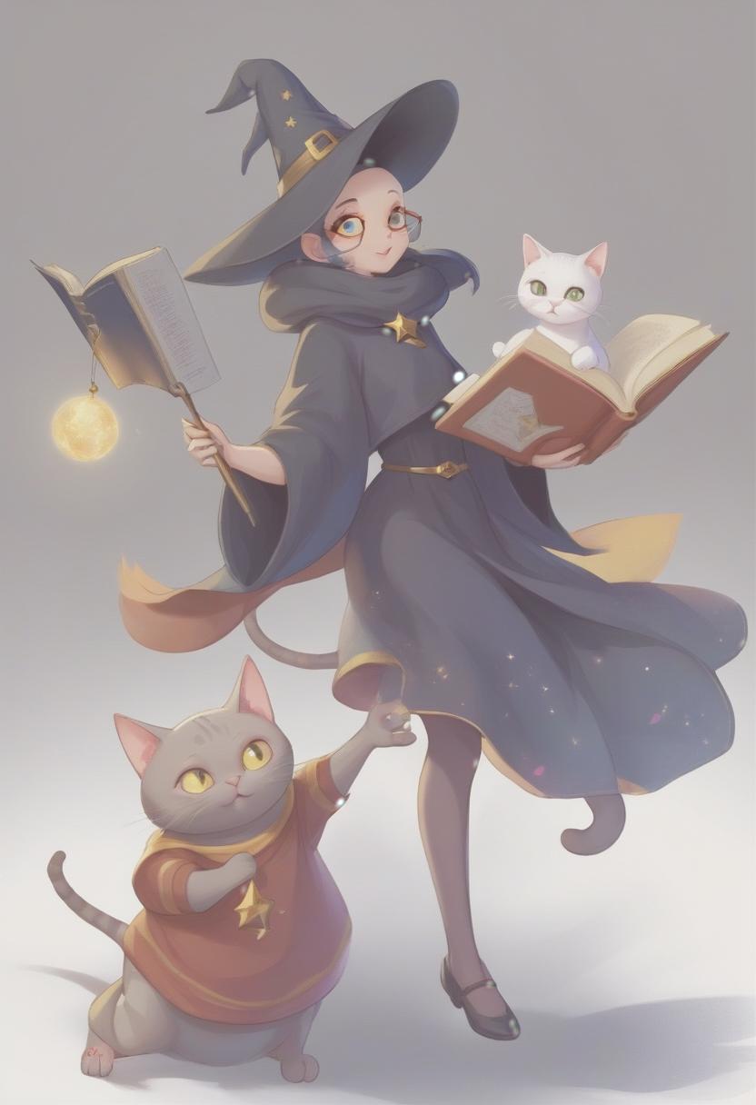  wizard witch next to her in the air a magical bald cat with a book