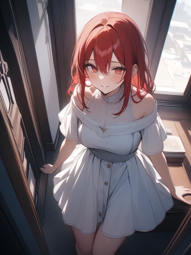  high angle shot,naughty smile,so cute,white off shoulder dress,red long hair,from forward,look at front, masterpiece, best quality,8k,ultra detailed,high resolution,an extremely delicate and beautiful,hyper detail