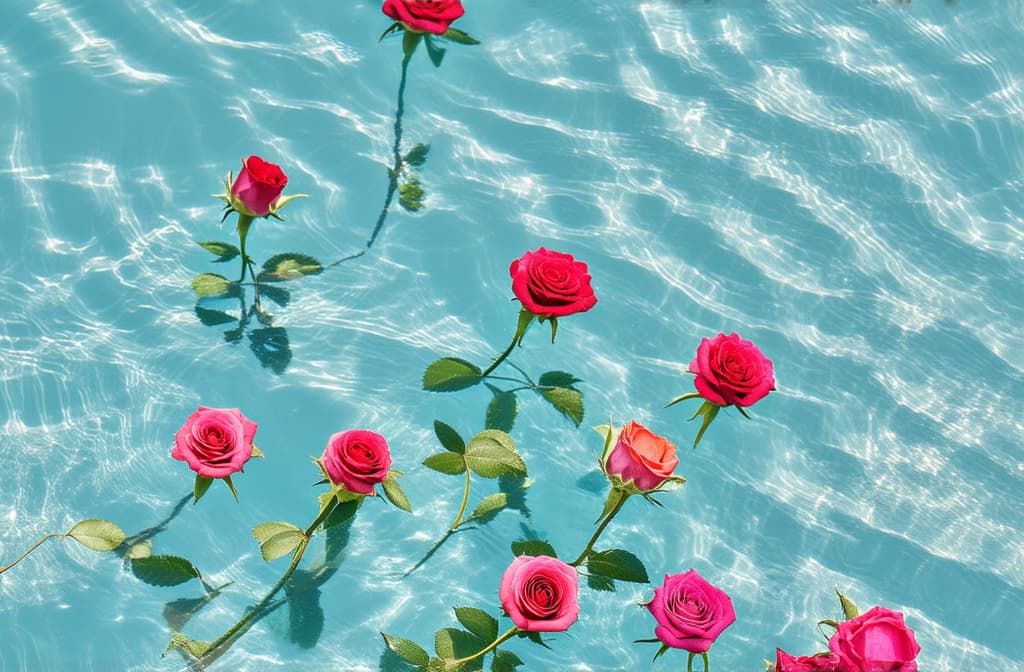  professional detailed photography, view from above, macro view of (many roses) on light blue water, light image , (muted colors, dim colors, soothing tones), (vsco:0.3)