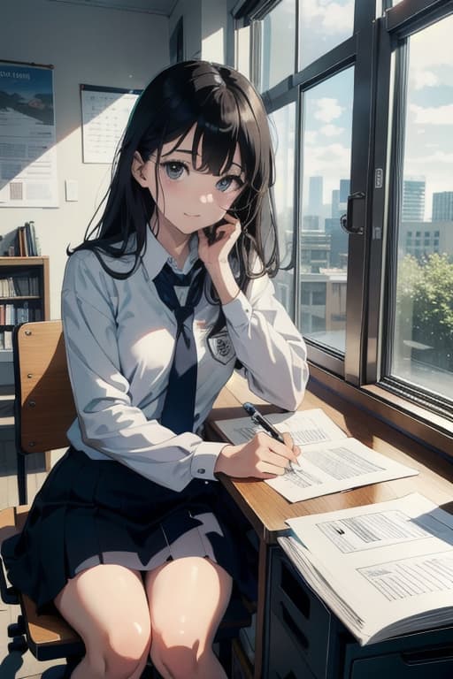  \"a high studying in a clroom. she is wearing a neat uniform, sitting at a desk with books and stationery out. the clroom has large windows letting in natural light, and there are posters on the walls. the has an engaged and focused expression as she writes in her notebook.\", advertising photo,high quality, good proportion, masterpiece , the image is captured with an 8k camera