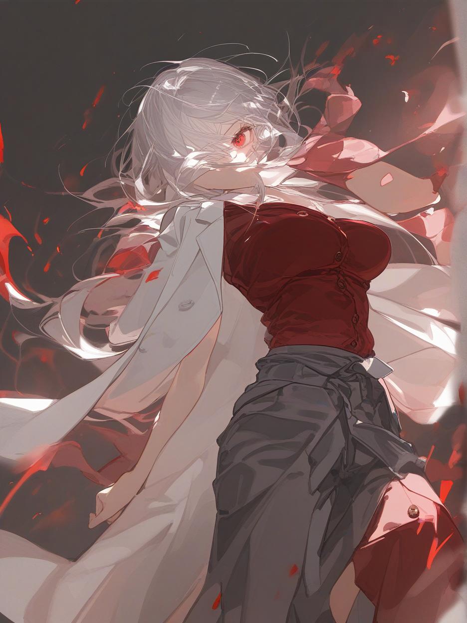  create for me a character with anime manga art. a woman with long, frayed silver hair, which even covers her face. she has deep, lifeless red eyes resembling wine. she wears dark dress pants. a red dress shirt with buttons on its front seam, two thin belts under its bust. a light gray lab coat on the shoulders. she walks around with two katanas around her waist. she´s in combat pose. . best quality, high resolution