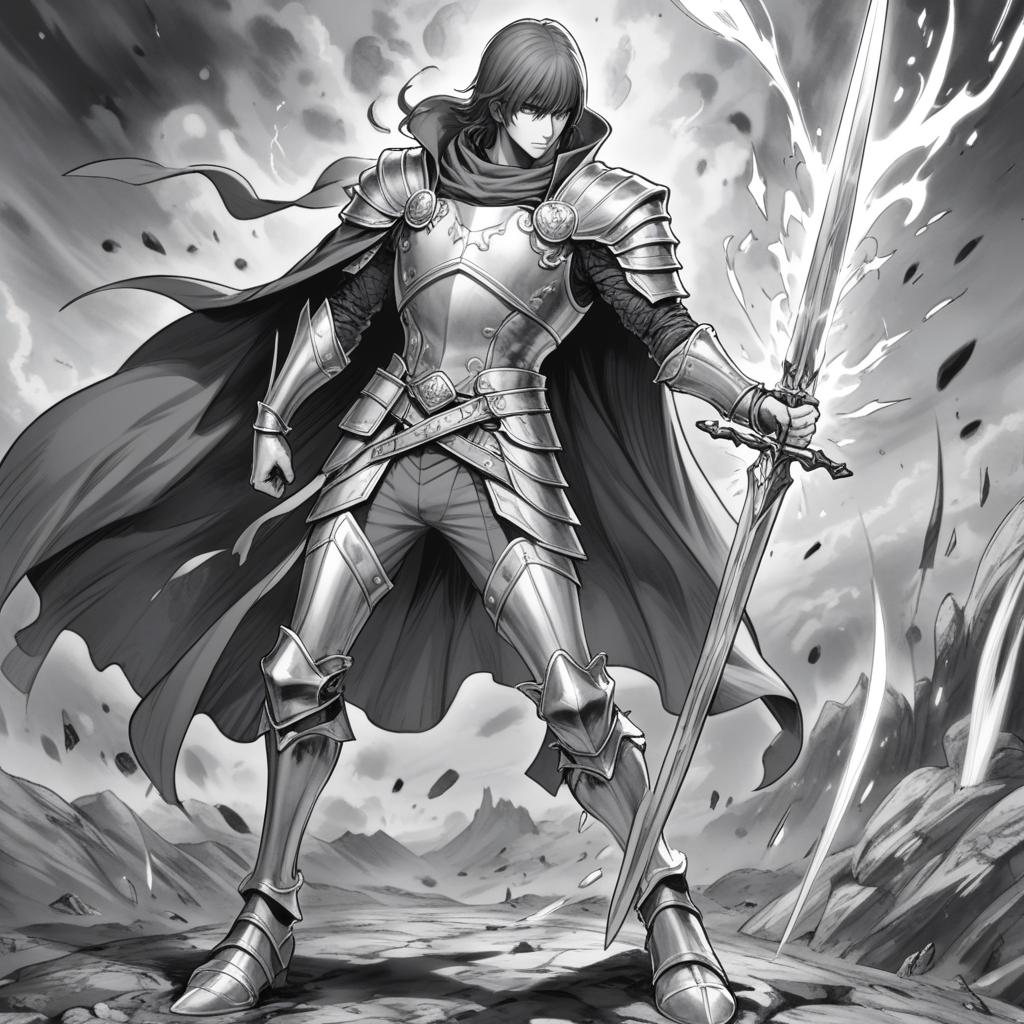  manga artwork fantasy, greyscale monochrome, manga materials, duel between knight and sorcerer, fullsize body view, legs. manga artist. manga, highly emotional. best quality, high resolution