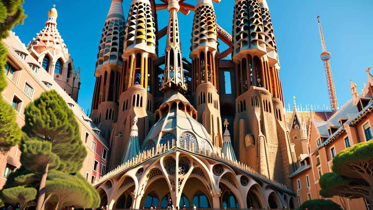  @ image prompt: "a stunning view of the sagrada familia with its intricate facades and towering spires, alongside the vibrant mosaics and whimsical structures of park güell, showcasing the unique architectural style of antoni gaudí against a clear blue sky." hyperrealistic, full body, detailed clothing, highly detailed, cinematic lighting, stunningly beautiful, intricate, sharp focus, f/1. 8, 85mm, (centered image composition), (professionally color graded), ((bright soft diffused light)), volumetric fog, trending on instagram, trending on tumblr, HDR 4K, 8K