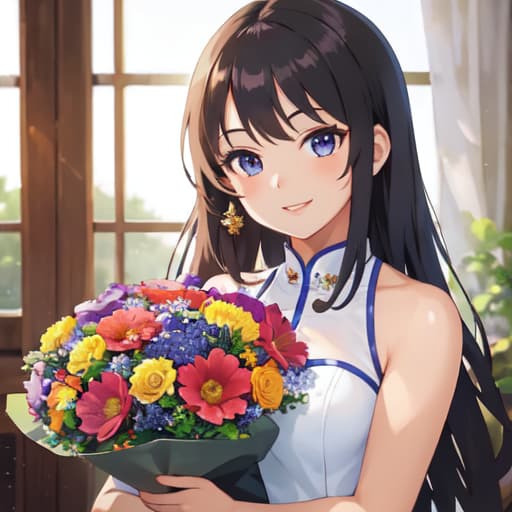  master piece , best quality,pretty girl, beautiful bouquet, smiling face.