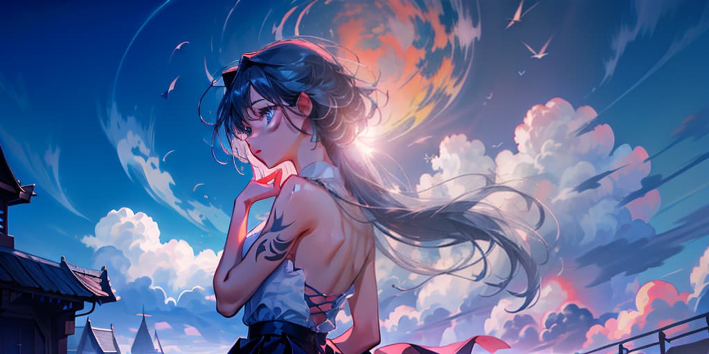  <lora:silhouette:1>, silhouette, solo, cloudy sky, beautiful sunset, stunning background, (upper body:1.2), highly detailed, masterpiece, best quality, solo, soft sleepy expression, frail body, dark blue eyes, long blue messy hair falling into eyes, long throne, barely visible wings, thigh high heels, skirt, demon wings, tattoos