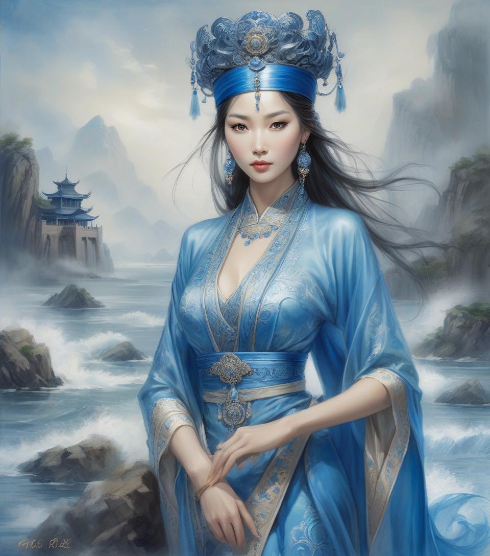  a painting of a woman with a blue hat and a blue dress, ancient asian dynasty princess, ancient chinese goddess, beautiful render of tang dynasty, beautiful oriental woman, chinese art, oriental fantasy, ancient chinese beauties, ancient chinese princess, queen of the sea mu yanling, asian female water elemental, ancient china art style, by luis royo, chinese style painting, watercolor, trending on artstation, sharp focus, studio photo, intricate details, highly detailed, by greg rutkowski