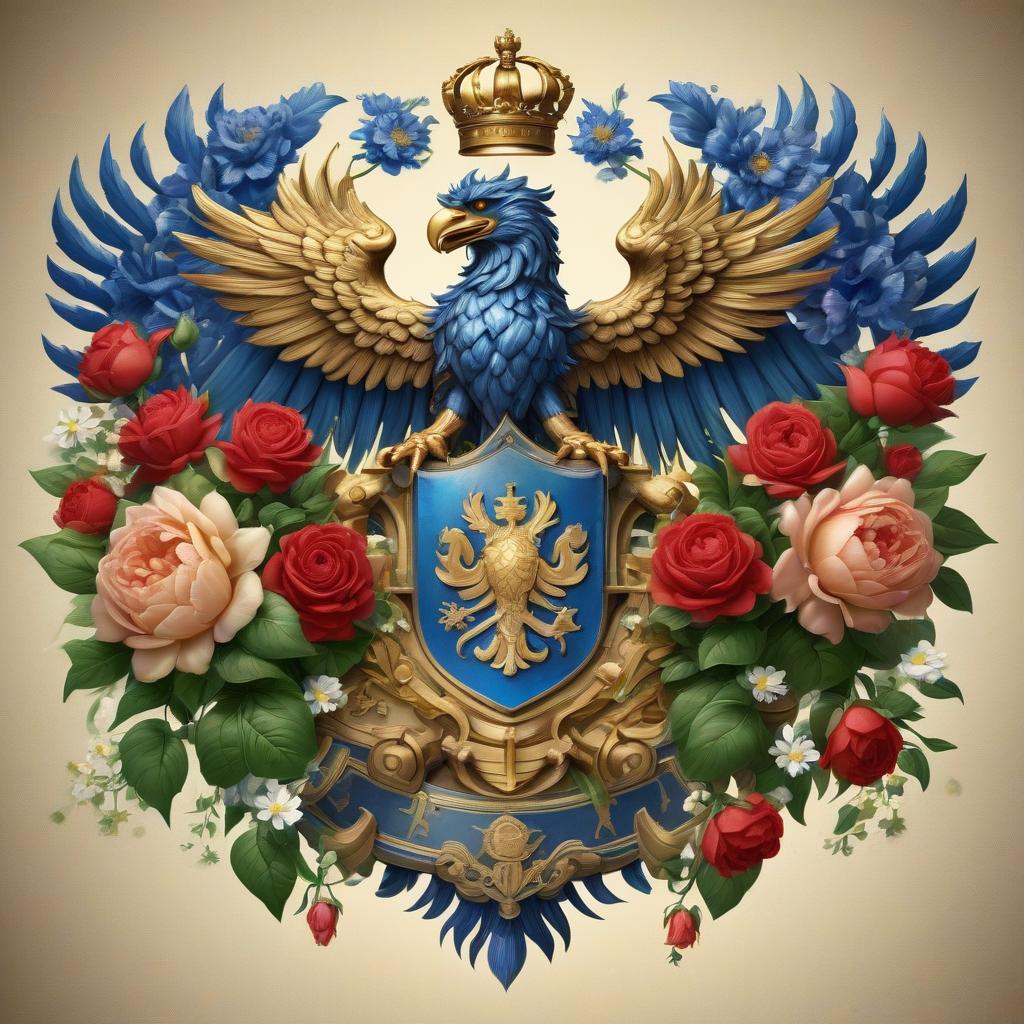  futurism, cyberpunk. coat of arms with a double headed eagle. four colors: gold, green, blue, red. flowers: roses, peonies, daisies, cornflowers, hyacinths, bells. the coat of arms in the castle.