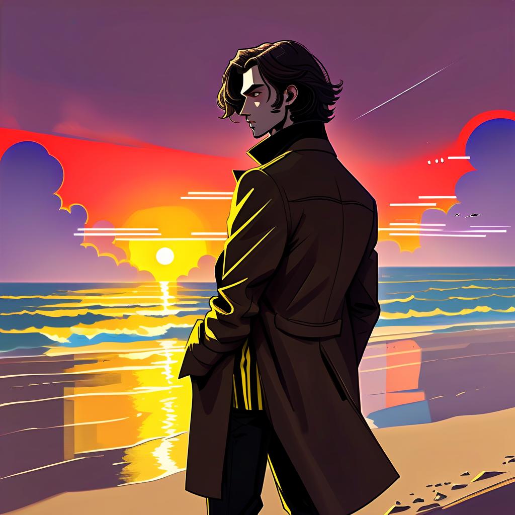  retro cyberpunk a young man stands alone on the beach. he has long dark brown hair, which flies slightly in the breeze. his face, with pronounced jewish and slavic features, radiates lively energy. brown eyes are full of deep emotions, as if reflecting the vast expanses of the ocean. he wears a bright yellow coat that seems to shine, catching the eye and contrasting with the soft shades of the sunset. under his coat he wears a black shirt and black pants are decorated with yellow elements, creating a stylish and dynamic look. the sunset turns into night, part of the sky is black with stars, and the outgoing red rays fall on the terrain in bright red stripes contrasting with the coming night. the image uses such colors and shades of colors a